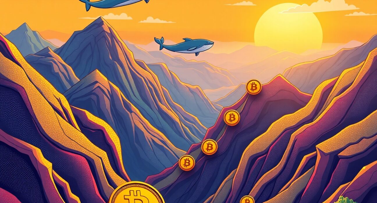 Bitcoin local bottom showing market recovery with whales and price charts in cartoon style