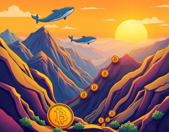 Bitcoin local bottom showing market recovery with whales and price charts in cartoon style