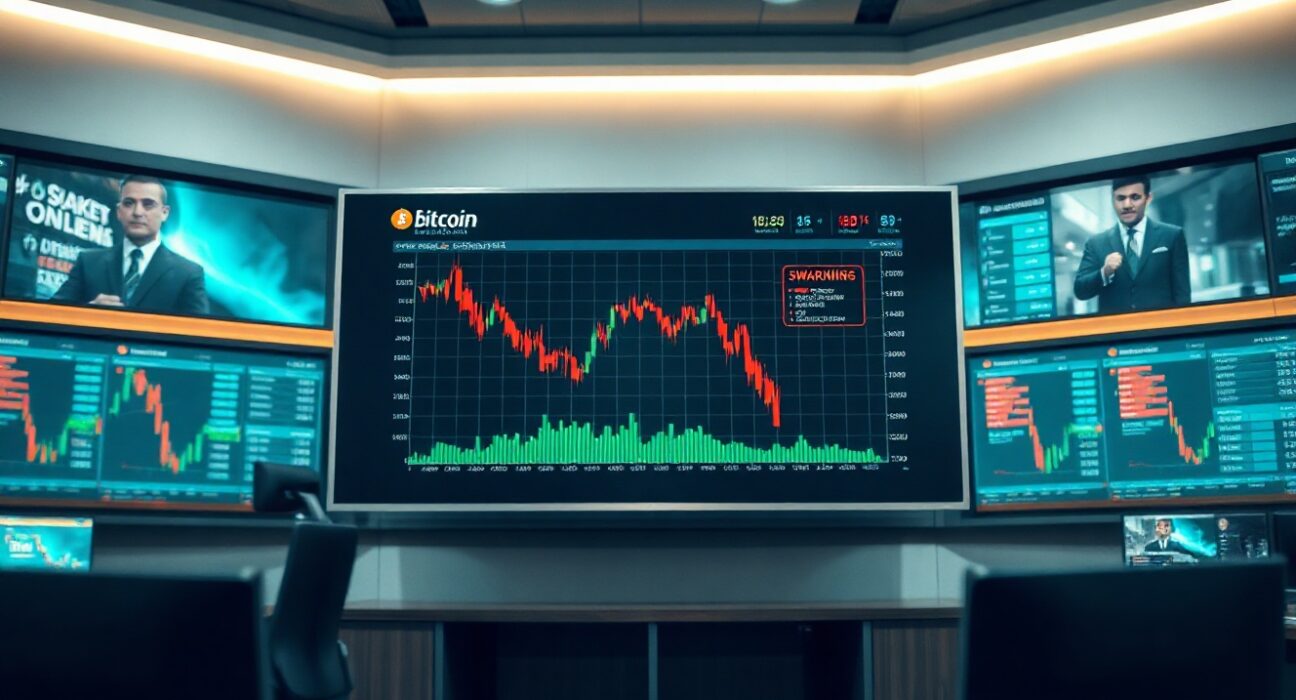 Financial dashboard showing Bitcoin price chart with liquidation warning