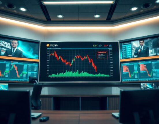 Financial dashboard showing Bitcoin price chart with liquidation warning