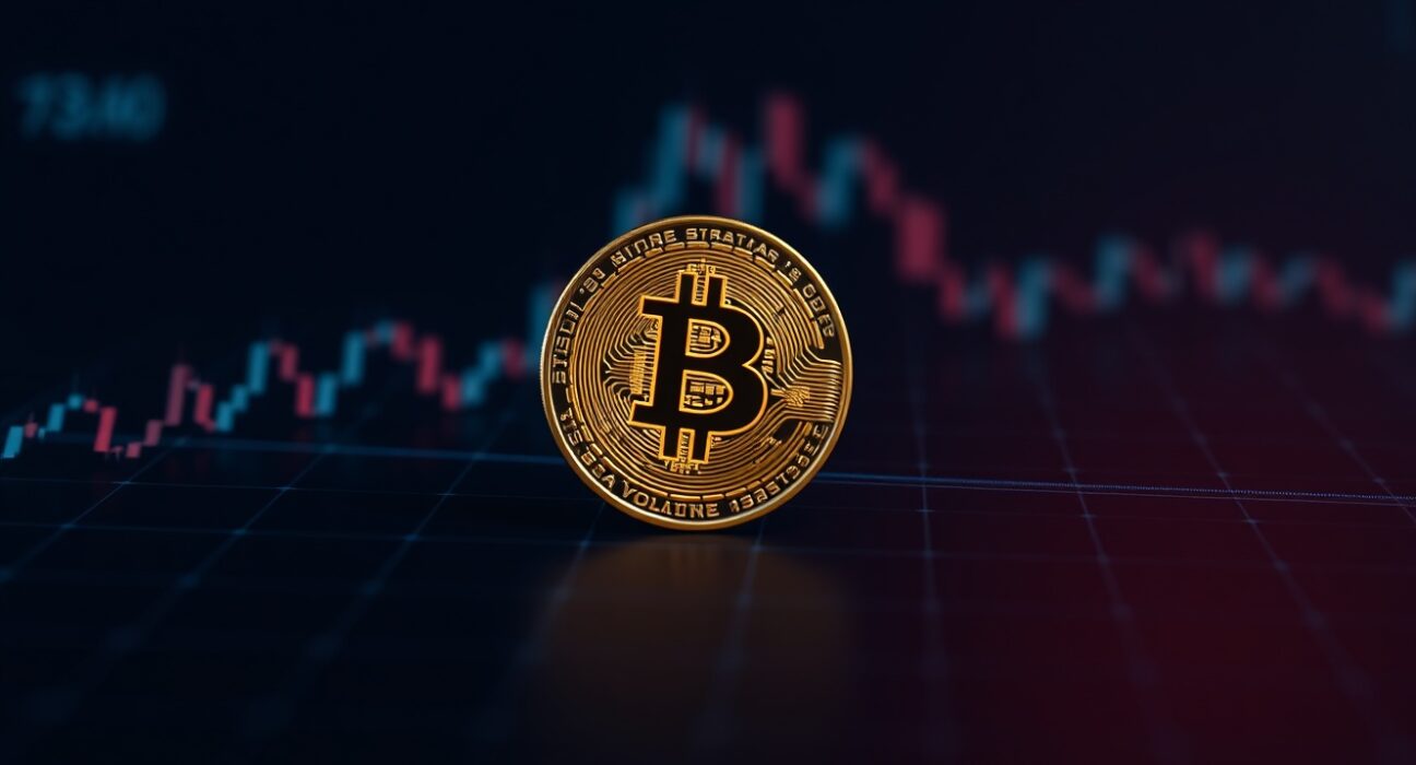 Bitcoin coin on a digital trading dashboard representing liquidation risk levels.