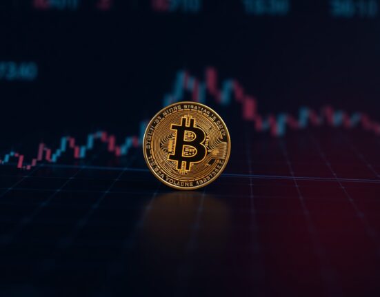 Bitcoin coin on a digital trading dashboard representing liquidation risk levels.