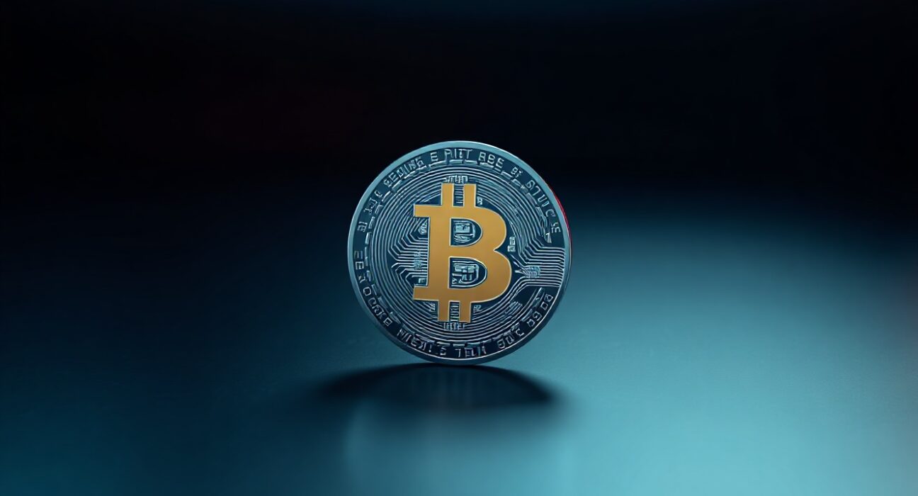 Bitcoin coin with red and blue lighting on dark background representing market liquidation risk