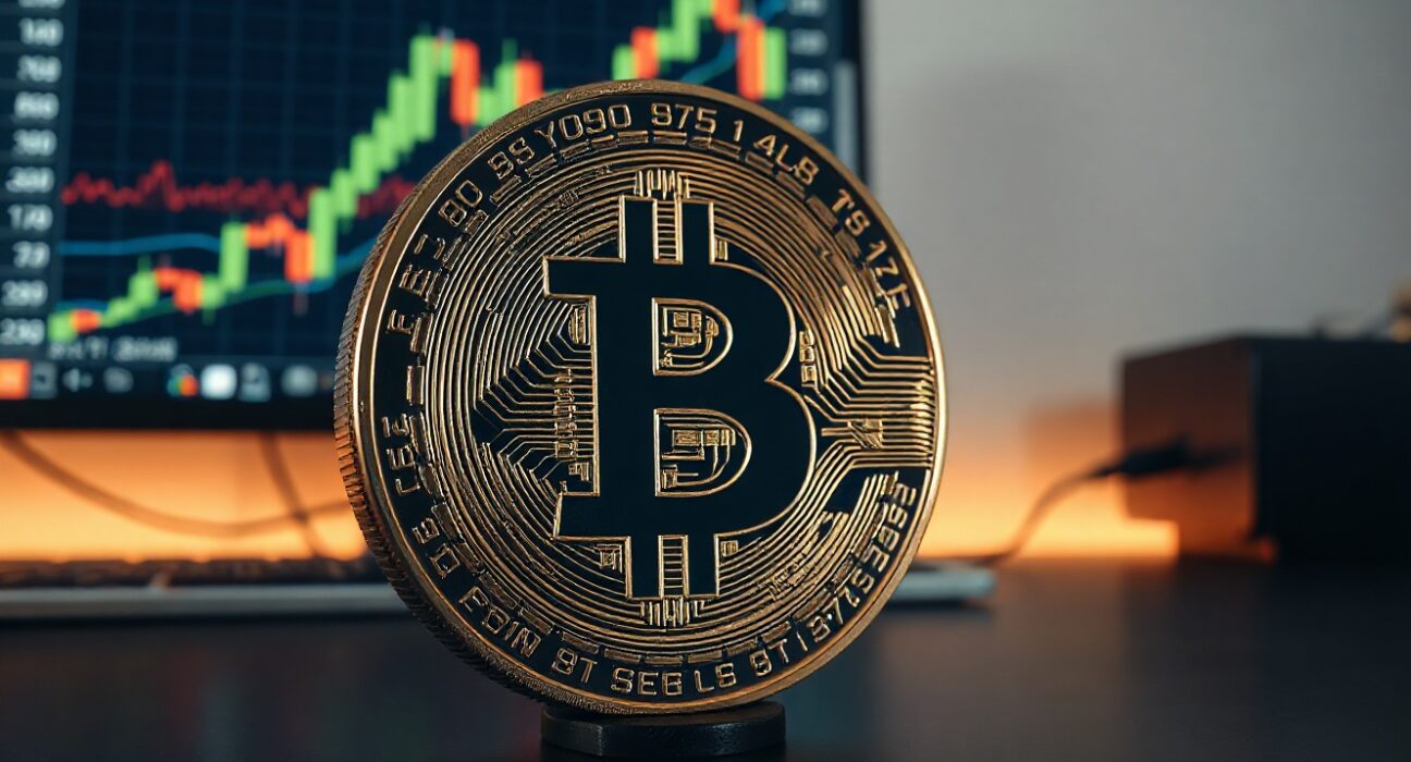 Bitcoin coin on trading desk with liquidation chart on monitor