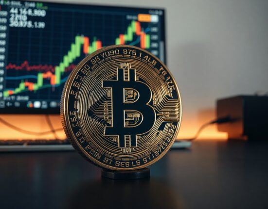 Bitcoin coin on trading desk with liquidation chart on monitor