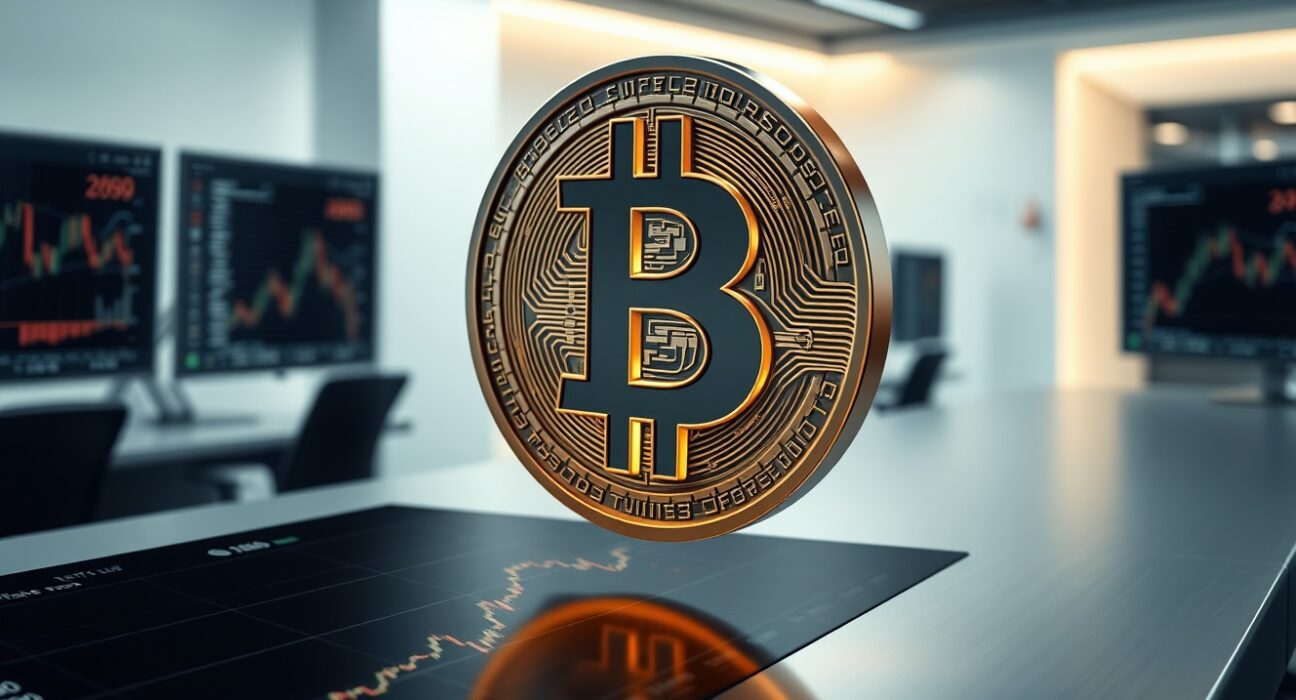 Bitcoin symbol over a trading desk illustrating cryptocurrency market volatility and liquidation risk.