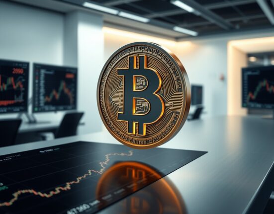 Bitcoin symbol over a trading desk illustrating cryptocurrency market volatility and liquidation risk.