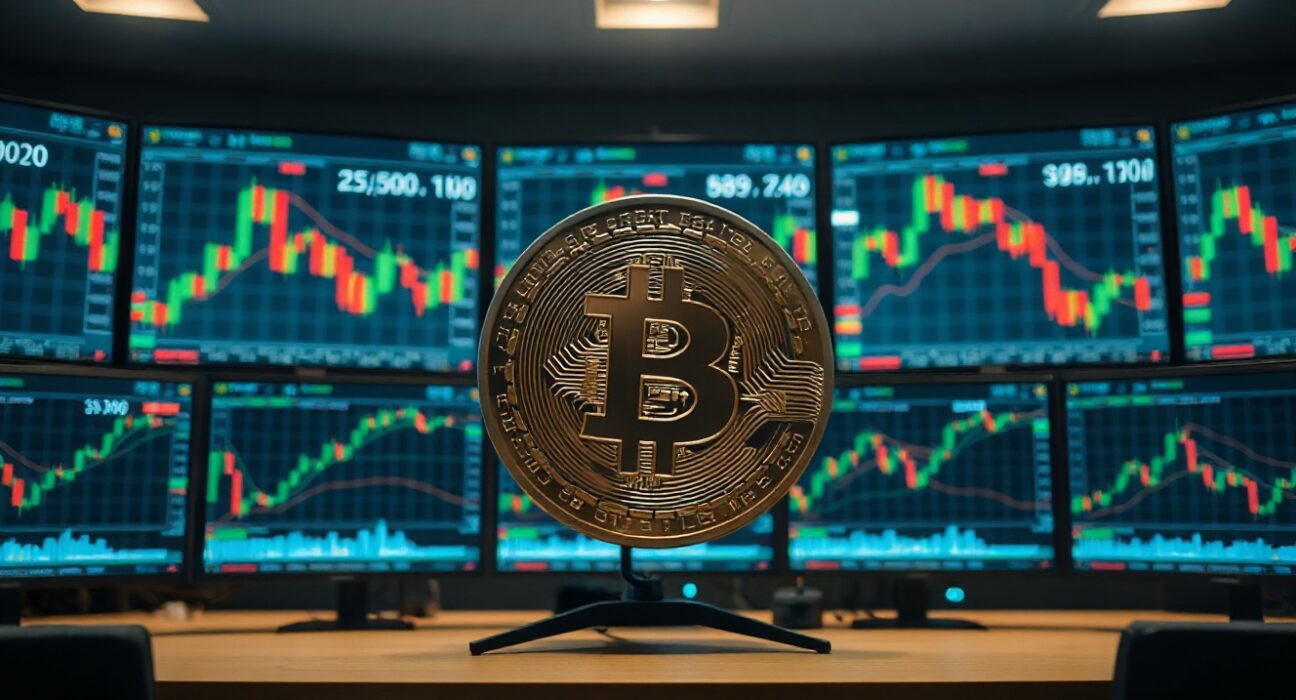 Bitcoin coin in foreground with trading charts in background, representing liquidation risk.