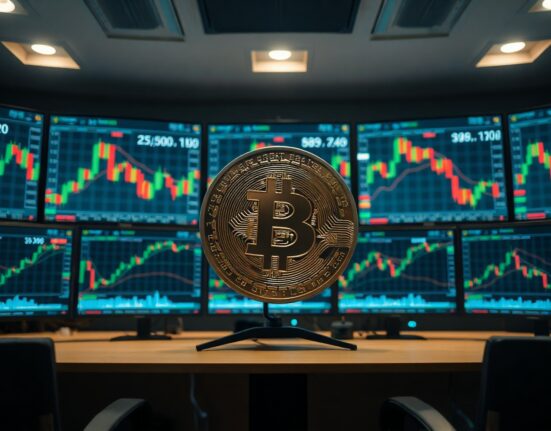 Bitcoin coin in foreground with trading charts in background, representing liquidation risk.