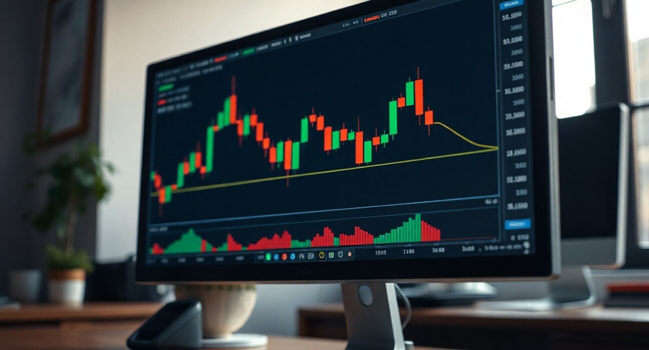 Bitcoin price chart on monitor with liquidation risk levels