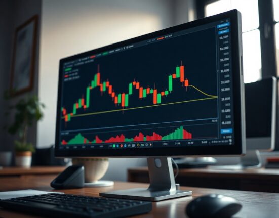 Bitcoin price chart on monitor with liquidation risk levels