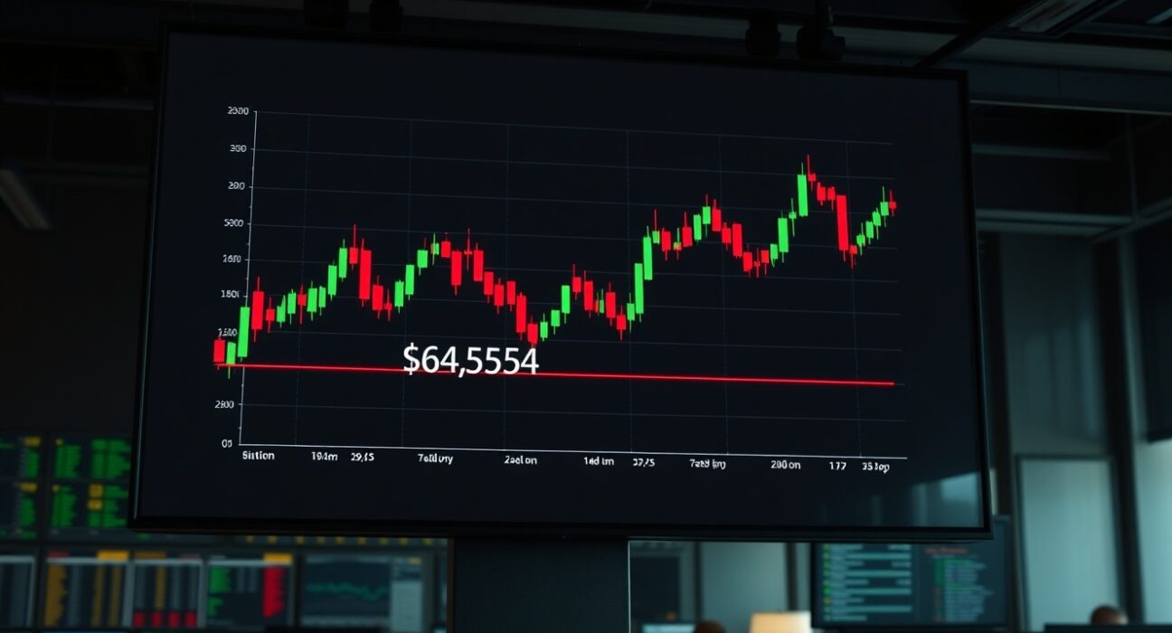 Bitcoin price chart approaching critical liquidation level at $64,554 on a trading floor monitor