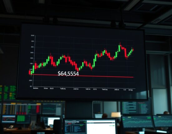 Bitcoin price chart approaching critical liquidation level at $64,554 on a trading floor monitor