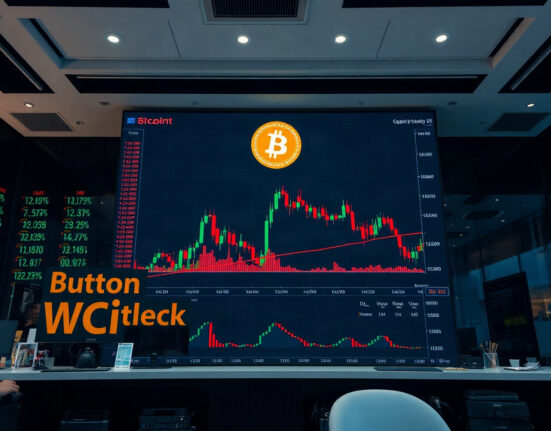 Bitcoin price chart on a trading screen showing liquidation levels