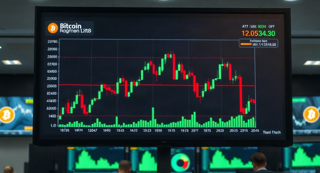 Bitcoin price chart on a trading screen with candlesticks and market data