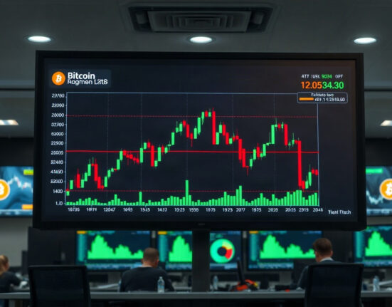Bitcoin price chart on a trading screen with candlesticks and market data