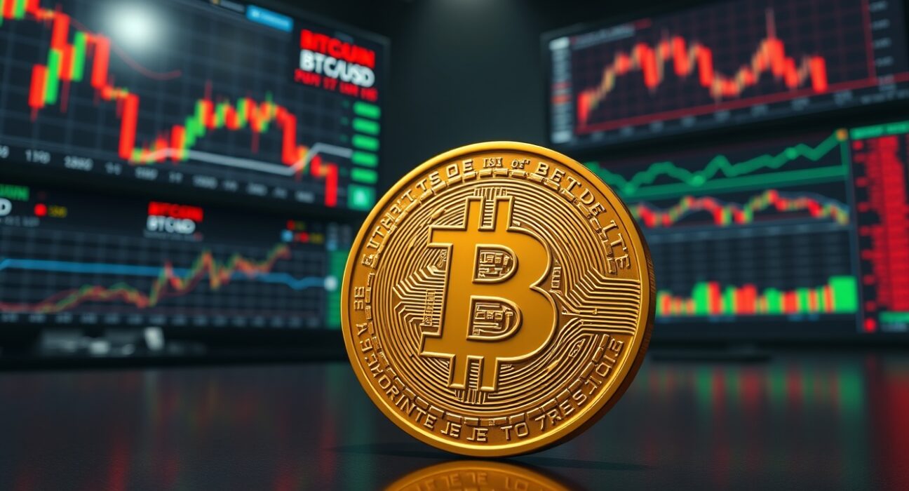 Bitcoin coin on reflective surface with trading screens showing market downtrend in background