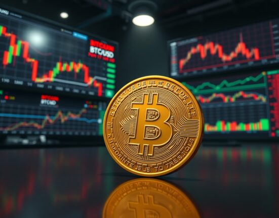 Bitcoin coin on reflective surface with trading screens showing market downtrend in background
