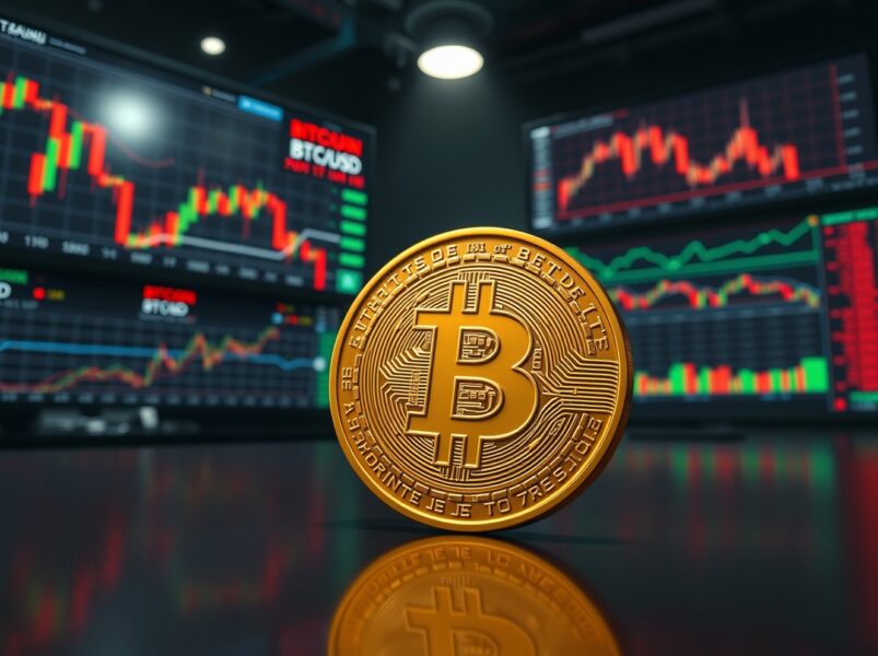 Bitcoin coin on reflective surface with trading screens showing market downtrend in background