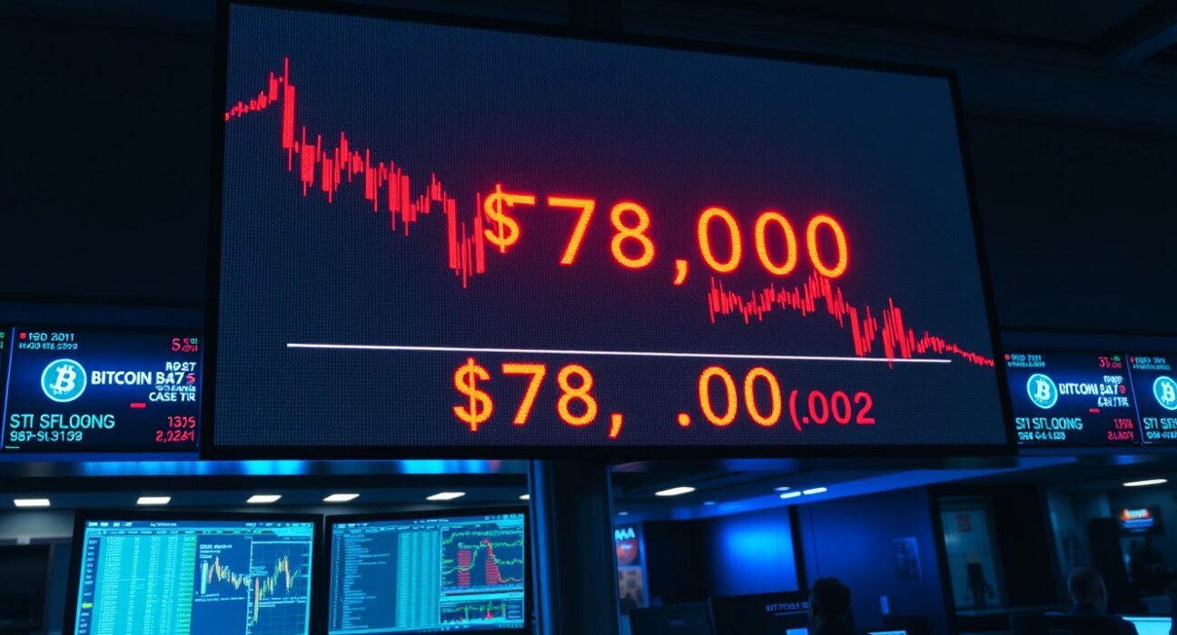 Bitcoin price chart showing red decline toward $78,000 liquidation level on trading floor display