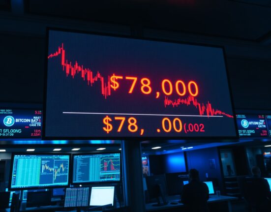 Bitcoin price chart showing red decline toward $78,000 liquidation level on trading floor display