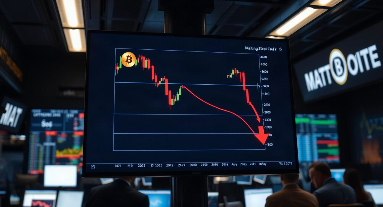 Bitcoin trading chart on a screen with liquidation risk indicators in a professional trading environment