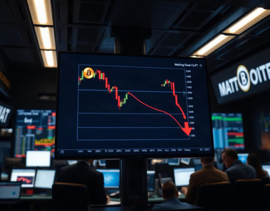 Bitcoin trading chart on a screen with liquidation risk indicators in a professional trading environment