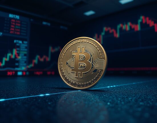 Bitcoin coin on a dark surface with market data lines, representing long positions and consolidation around $77.5K.