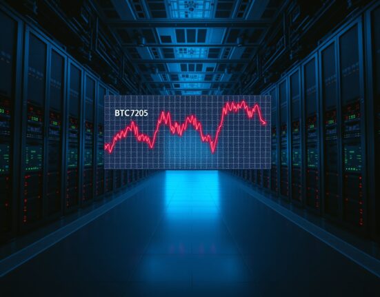 Bitcoin price chart showing a decline toward a critical liquidation level at $76,805.