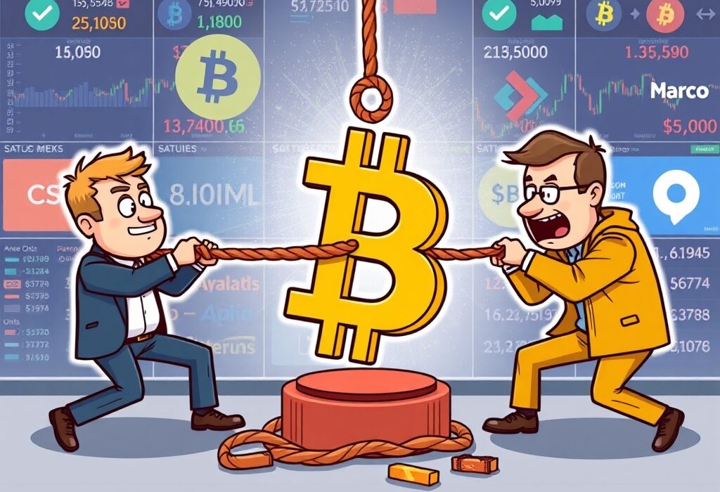 A cartoon illustration showing the dynamic tug-of-war between long and short positions, symbolizing the Bitcoin Long/Short Ratio in the futures market.