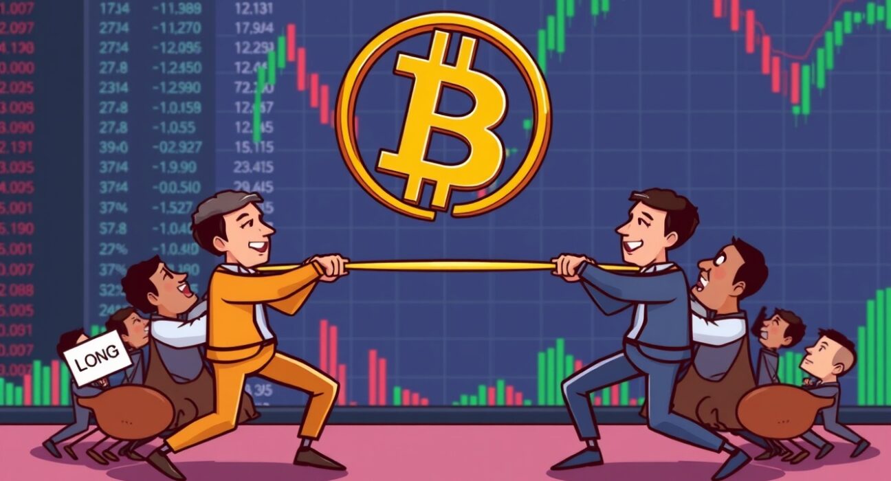 A cartoon illustration showing the tug-of-war of Bitcoin long/short ratio on a trading screen, symbolizing market sentiment.