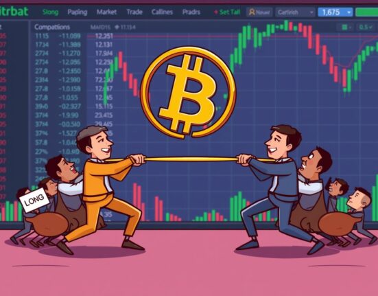 A cartoon illustration of a seesaw with bull and bear characters representing the Bitcoin long short ratio, symbolizing market sentiment.