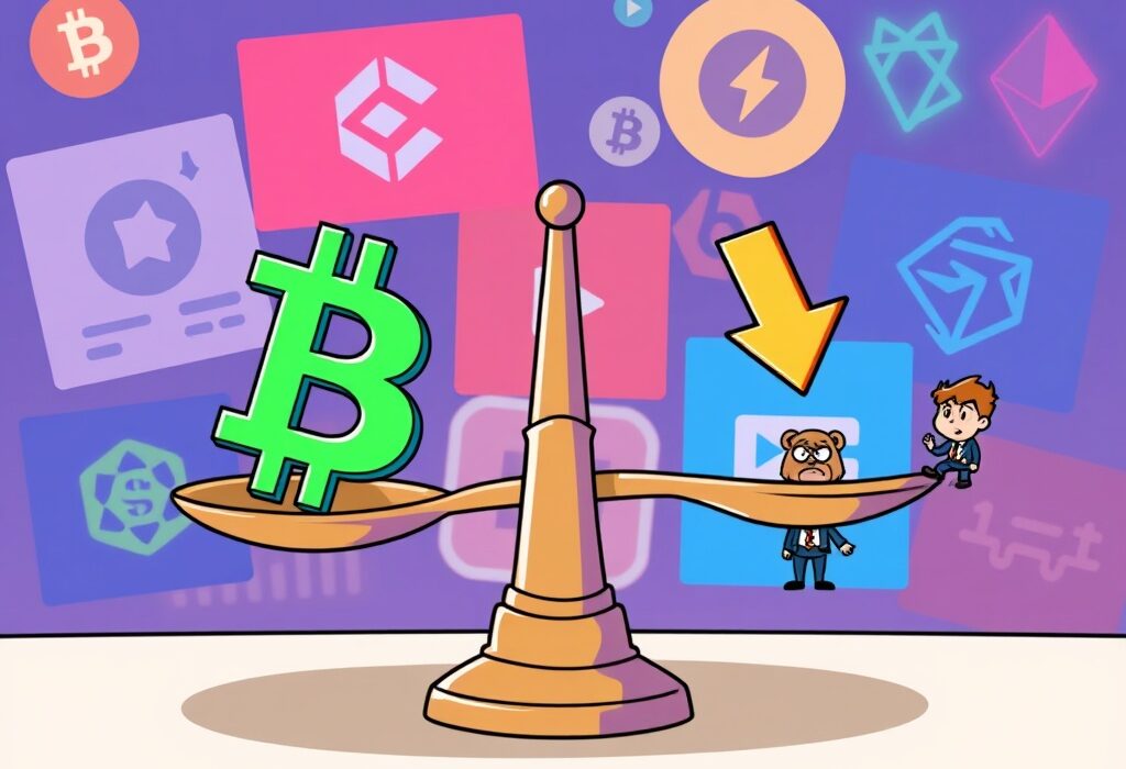 A cartoon illustration showing a balance scale with Bitcoin on one side and a 'short' symbol on the other, representing the Bitcoin long/short ratio and overall market sentiment.