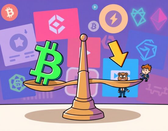 A cartoon illustration showing a balance scale with Bitcoin on one side and a 'short' symbol on the other, representing the Bitcoin long/short ratio and overall market sentiment.