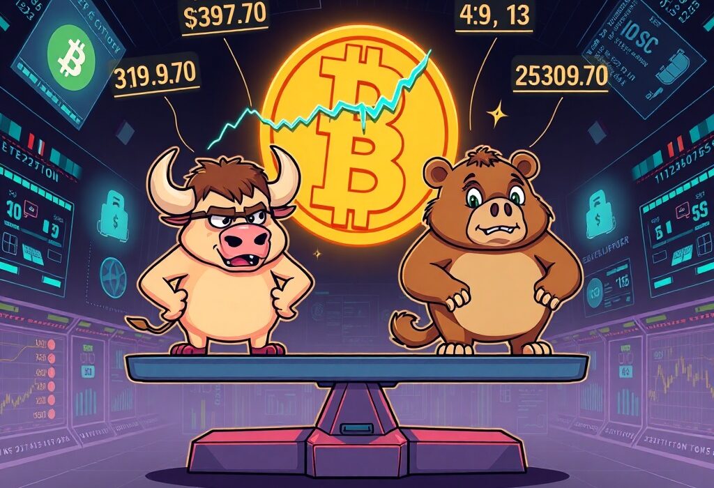 A cartoon illustration showing the dynamic balance of Bitcoin long-short ratio, representing bullish and bearish market sentiment.