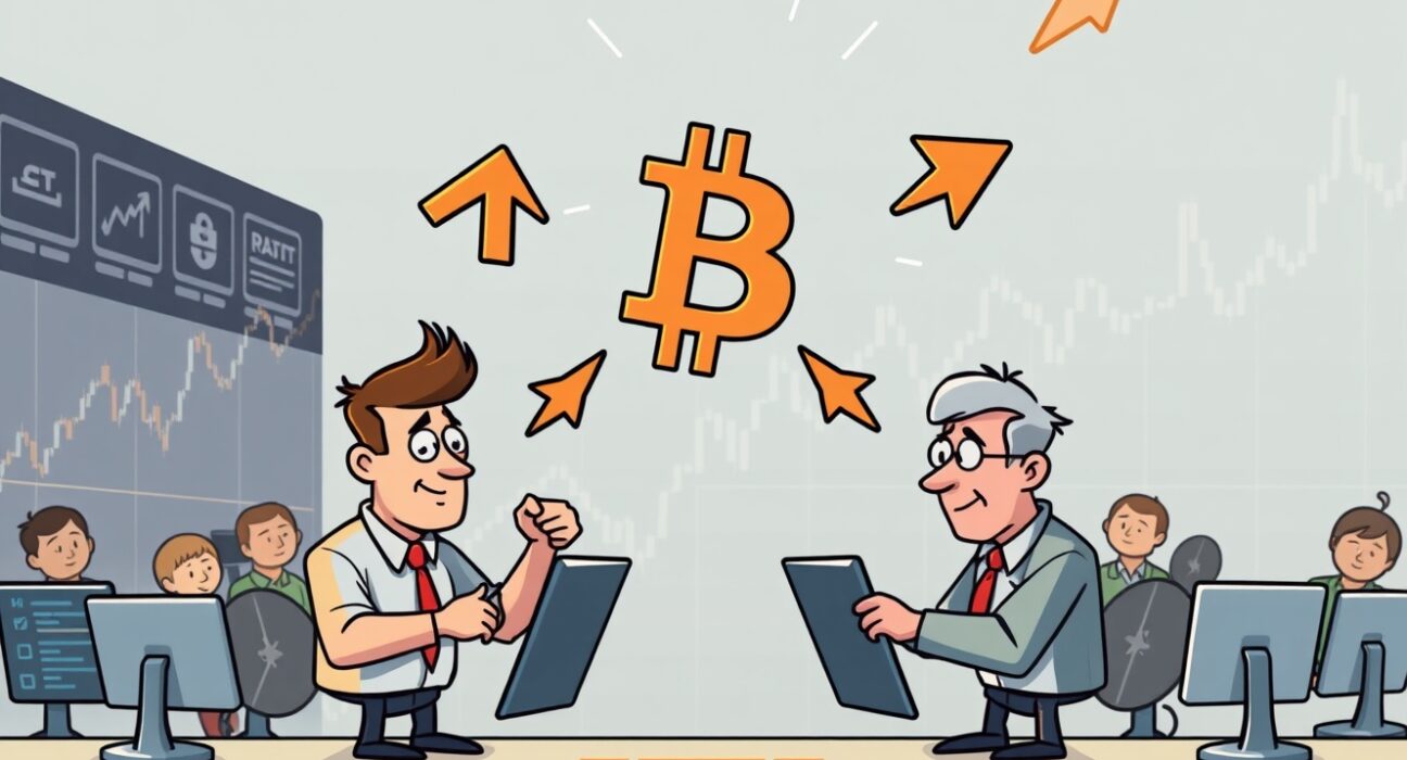 Cartoon illustration showing a bull and bear pulling a Bitcoin symbol, representing the dynamic Bitcoin long/short ratio in futures markets.