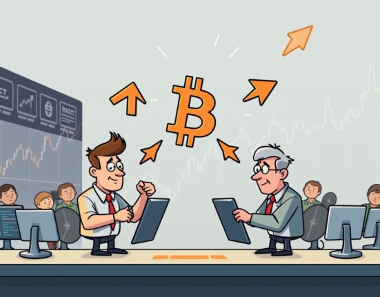 Cartoon illustration showing traders representing the Bitcoin long/short ratio, symbolizing market sentiment on crypto exchanges.