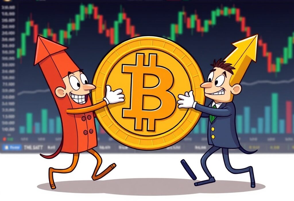 Cartoon illustration showing a tug-of-war between 'Long' and 'Short' market forces over a Bitcoin symbol, visualizing Bitcoin long-short ratios and market sentiment.