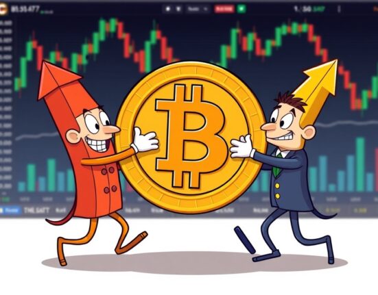 Cartoon illustration showing a tug-of-war between 'Long' and 'Short' market forces over a Bitcoin symbol, visualizing Bitcoin long-short ratios and market sentiment.