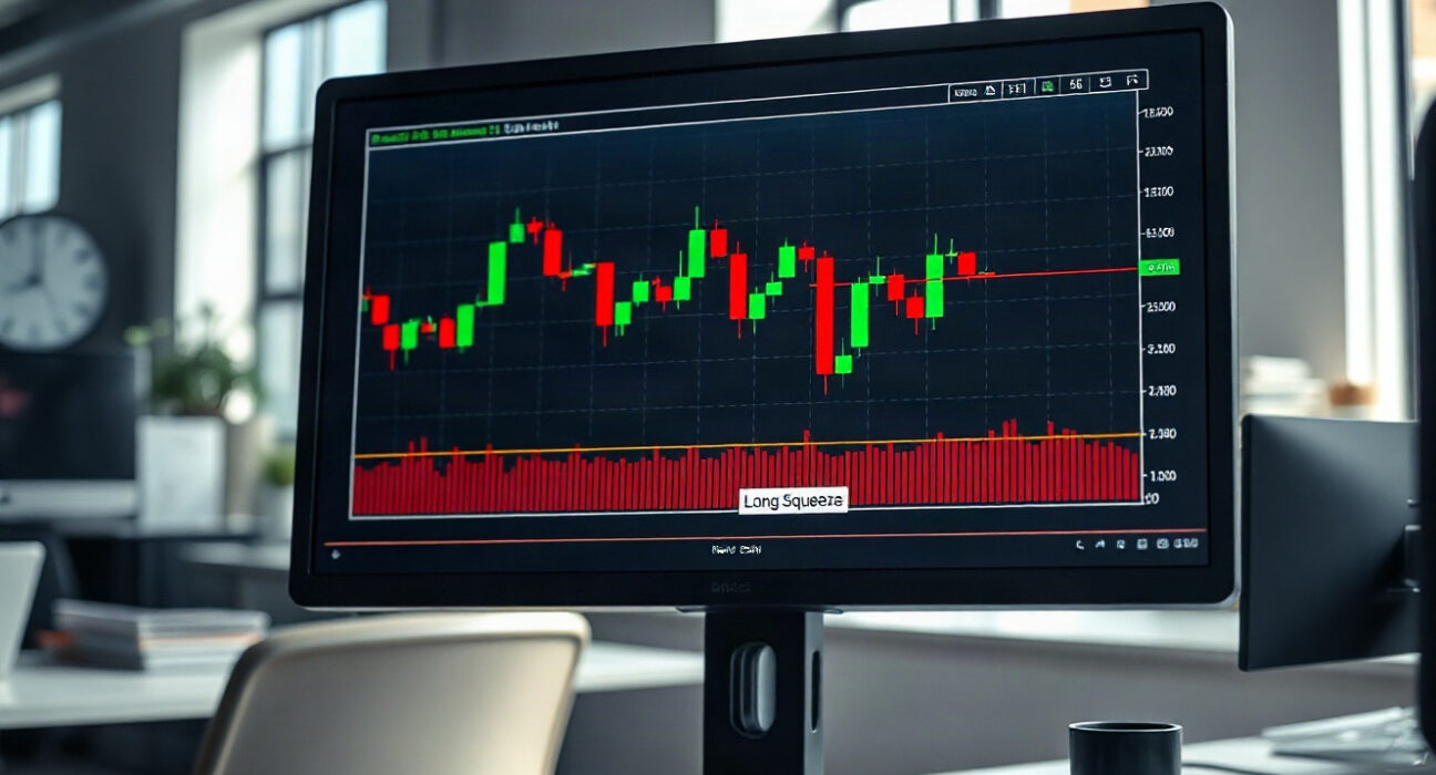 Bitcoin price chart on a monitor showing declining open interest and rising funding rates, indicating long squeeze risk