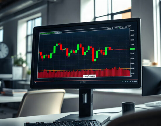 Bitcoin price chart on a monitor showing declining open interest and rising funding rates, indicating long squeeze risk