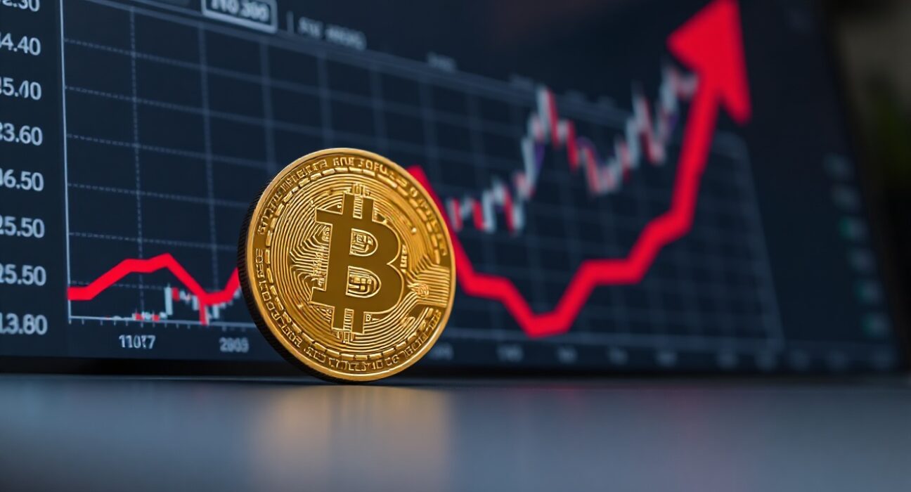 Bitcoin coin on a trading dashboard with a chart showing rising exchange inflows.