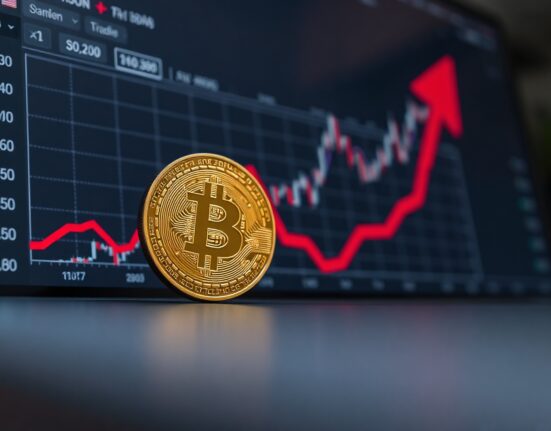 Bitcoin coin on a trading dashboard with a chart showing rising exchange inflows.
