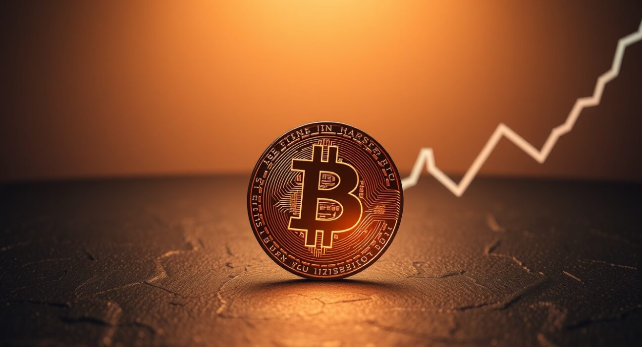 Bitcoin coin on dark surface with faint digital chart lines representing long-term holder metrics reaching all-time highs.