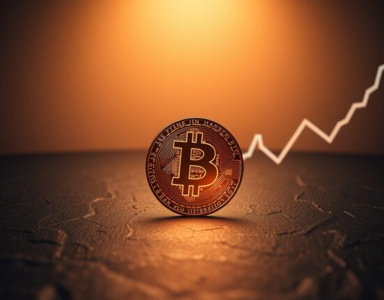 Bitcoin coin on dark surface with faint digital chart lines representing long-term holder metrics reaching all-time highs.