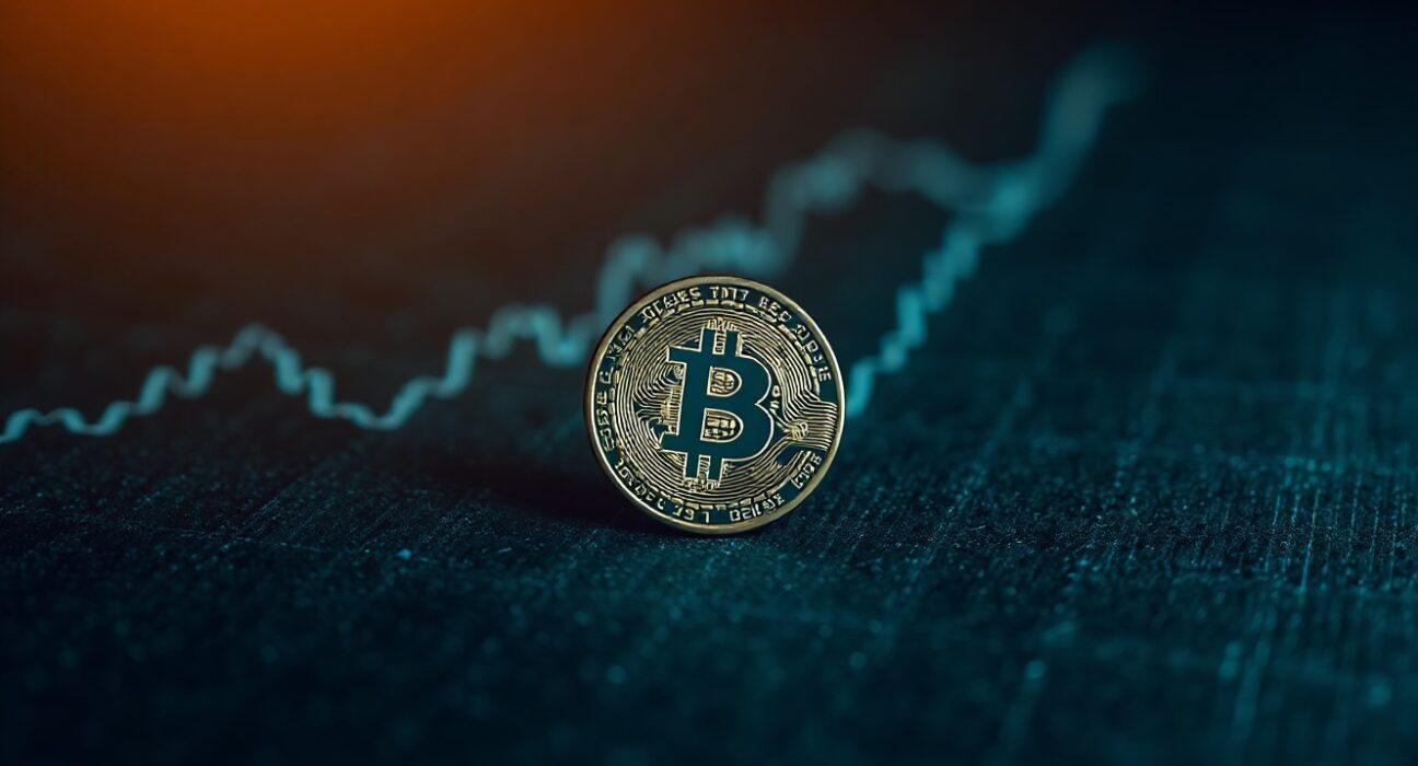Bitcoin coin on a dark surface with a graph in the background, representing reduced selling pressure from long-term holders.