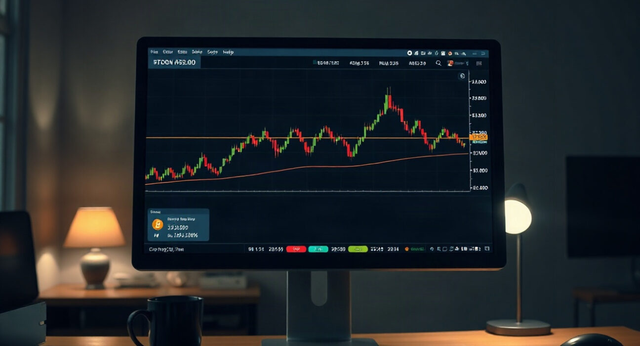 Bitcoin price chart on a monitor in a professional trading environment, indicating market analysis.