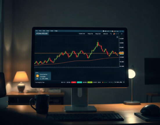 Bitcoin price chart on a monitor in a professional trading environment, indicating market analysis.