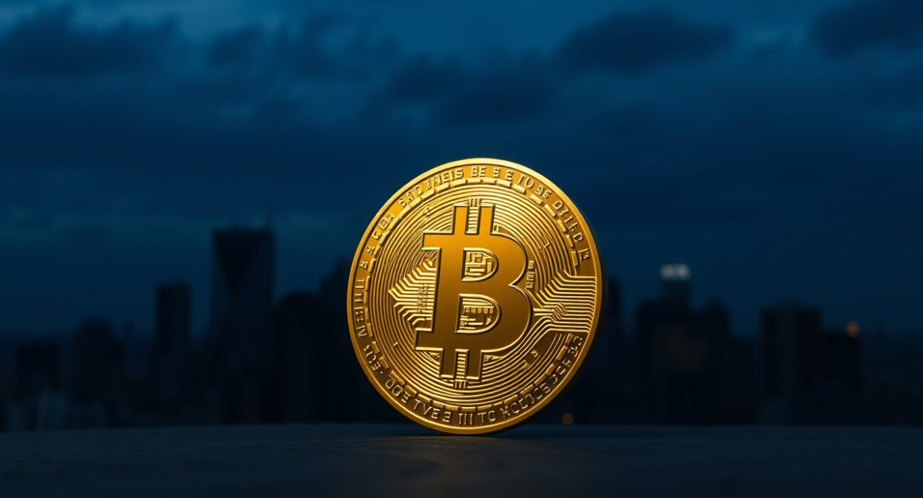 Golden Bitcoin coin against a dark city skyline, symbolizing long-term holder confidence and market stability.