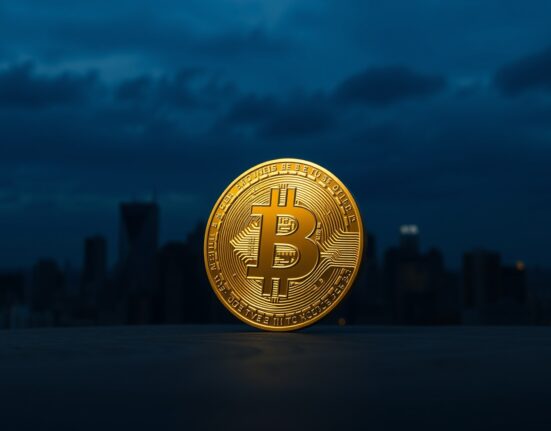 Golden Bitcoin coin against a dark city skyline, symbolizing long-term holder confidence and market stability.